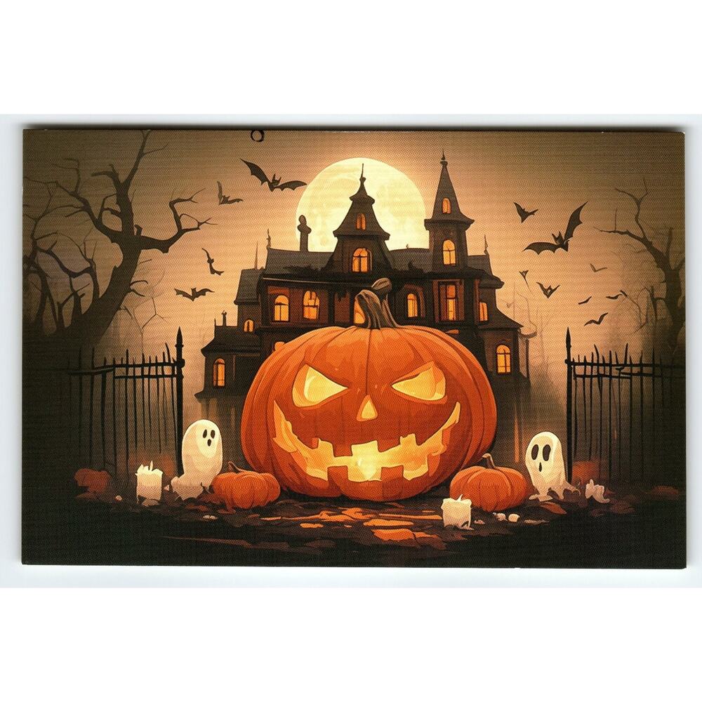 Vintage Halloween Postcard Jack-O'-Lantern Haunted House Scene 5.5x4"